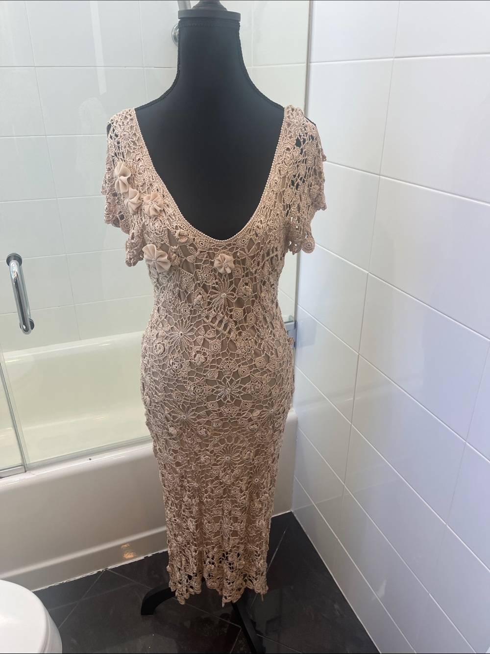 Handmade Crochet Midi Dress in Beige with Floral Appliqué